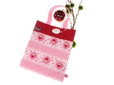 kleine Einkaufstasche für Kinder, Einkaufsbeutel, rosa / rot, Fliegenpilze - kariert
